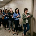 women waiting in line for the bathroom