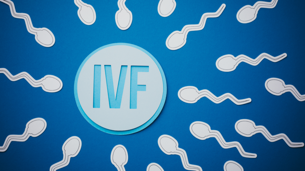IVF graphic with sperm surrounding an egg