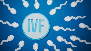 IVF graphic with sperm surrounding an egg