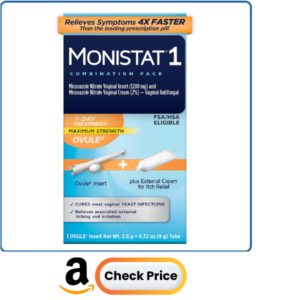 Monistat 1-Day Yeast Infection Treatment for Women, 1 Miconazole Ovule Insert & External Itch Relief Cream (9g Tube) Combo Pack, Maximum Strength