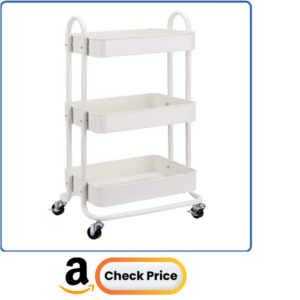 Amazon Basics 3-Tier Rolling Utility Cart, Storage Organizer, Lockable Wheels, Multifunctional Storage, Portable Mobile Shelving Unit, White