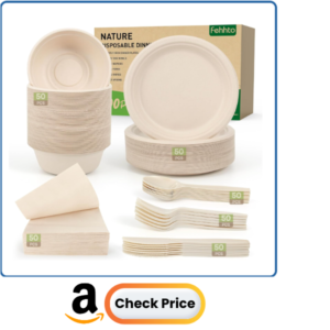 FEHHTO Disposable Paper Plates Set 300PCS Compostable Sugarcane Plates, Bowls, Heavy-duty Utensil, Biodegradable Napkins, Eco-friendly Dinnerware Set