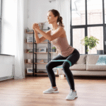 woman working out doing resistance training squat with a band