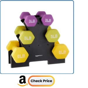 Amazon Basics Neoprene Dumbbell Hand Weights for Exercise and Muscle Toning set with rack, 3lbs, 5lbs, 8 lbs