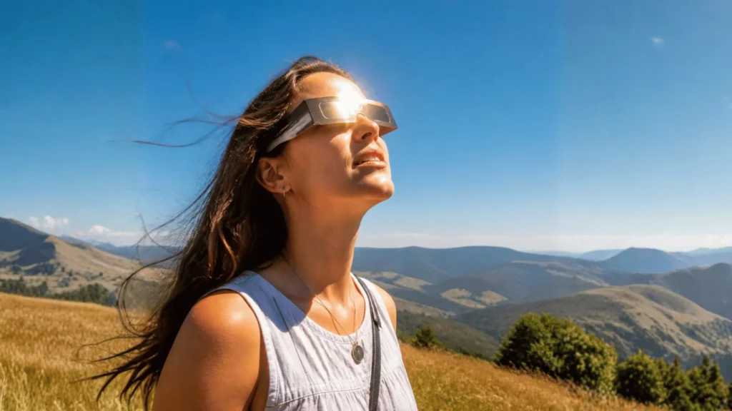 woman looking at sun with glasses