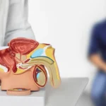 doctor pointing to male anatomy as man sits in background - male infertility