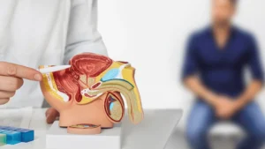 doctor pointing to male anatomy as man sits in background - male infertility